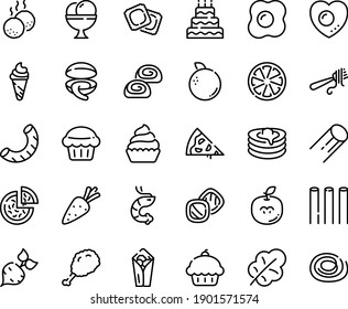 Food line icon set - pizza piece, cupcake, burito, fried chiken leg, ice cream, clam, shrimp, fork with pasta, ravioli, bakery, pancakes, meatballs, omelette, love egg, big cake, muffin, cookies