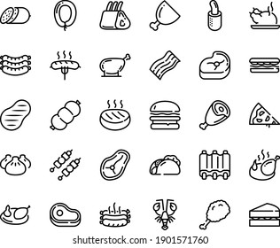 Food line icon set - pizza piece, meat, burger, sandwich, tacos, fried chiken leg, dim sum, chinese chicken, lobster, salami, sausages, ham, sausage, french hot dog, kebab, on fork, roasted, cutlet