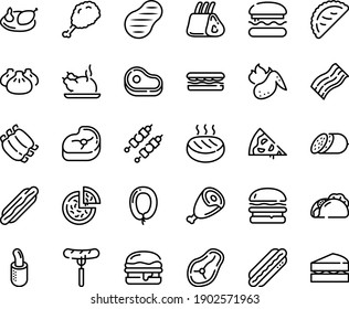 Food line icon set - pizza piece, burger, meat, hot dog, sandwich, tacos, sausage on fork, fried chiken leg, dim sum, chinese chicken, calsone, salami, ham, french, ribs, kebab, cutlet, steak, wing