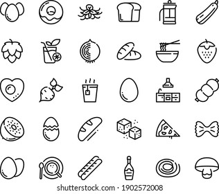 Food line icon set - pizza piece, bread, hot tea, funchose, donut, baguette, champagne, coffee top view, refined sugar, sausage, kitchen, egg, broaken, eggs, love, french press, smoothies, hop, beet