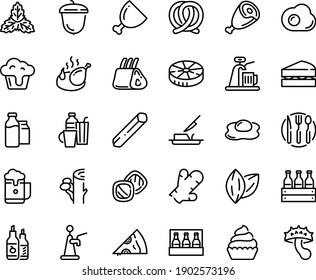 Food line icon set - pizza piece, ham, pretzel, ketchup, acorn, fried chicken, cupcake, butter knife, milk bootle and pack, ribs, fork spoon plate, omelette, drinks, sanwich, cookies, beer, box, tap