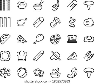 Food line icon set - pizza piece, chief hat, fried chiken leg, rice bowl, dim sum, octopus soup, shrimp, dough and rolling pin, calsone, ravioli, kebab, chicken, omelette, pancake, bell pepper