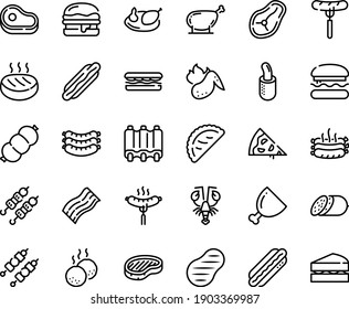 Food line icon set - pizza piece, burger, meat, hot dog, sandwich, sausage on fork, kebab, lobster, calsone, salami, sausages, steak, french, ham, chicken, roasted, cutlet, leg, sowbelly, meatballs