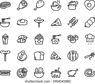 Food line icon set - pizza piece, salad, sandwich, french fries, burito, sausage on fork, fried chiken leg, octopus soup, chinese pasta, funchose, sashimi, sushi roll, kebab, chef hat, with, steak