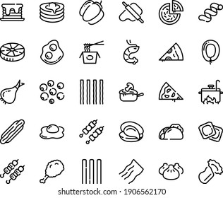 Food line icon set - pizza piece, hot dog, tacos, fried chiken leg, dim sum, chinese pasta, oyster, shrimp, kebab, dough and rolling pin, ravioli, omelette, sausage, julienne, pancakes, cooking