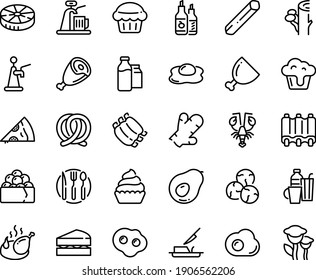 Food line icon set - pizza piece, lobster, gunkan, ham, pretzel, ketchup, fried chicken, cupcake, butter knife, milk bootle and pack, ribs, fork spoon plate, omelette, drinks, sanwich, muffin, penne