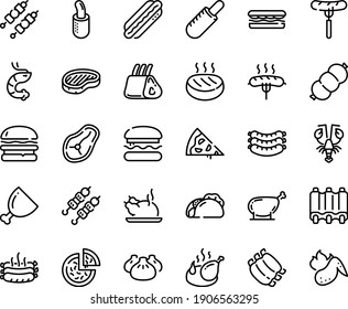Food line icon set - pizza piece, burger, sandwich, tacos, sausage on fork, french hot dog, dim sum, chinese chicken, shrimp, kebab, lobster, sausages, steak, fried, ham, ribs, roasted, cutlet, leg