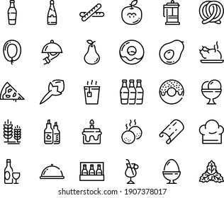 Food line icon set - pizza piece, dish dome, donut, hot tea, chinese chicken, wine, pretzel, spike, ketchup, sausage, ice cream, french press, irish coffee, meatballs, chef hat, egg stand, champagne