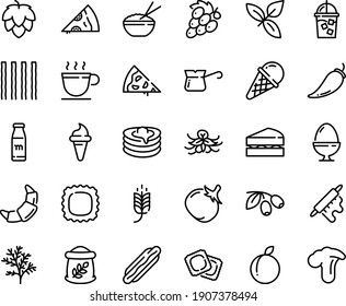 Food line icon set - pizza piece, spike, hot dog, ice cream horn, rice bowl, basil, olives, ravioli, croissant, pancakes, coffee cup, iced, turkish, rolling pin, egg stand, milk bottle, flour bag