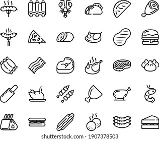 Food line icon set - pizza piece, hot dog, sandwich, tacos, french, dim sum, chinese chicken, shrimp, lobster, calsone, salami, sausages, sausage on fork, steak, ham, burger, fried, meat, ribs, leg