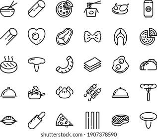 Food line icon set - pizza piece, dish dome, tacos, sausage on fork, french hot dog, rice bowl, dim sum, chinese pasta, kebab, steak, omelette, julienne, chicken, fish, cutlet, love egg, conchiglie
