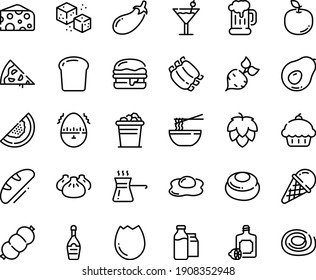Food line icon set - pizza piece, cupcake, dim sum, funchose, cheese, lemoncello, ice cream, beer mug, burger, champagne, refined sugar, milk bootle and pack, sausage, ribs, broaken egg, timer, hop