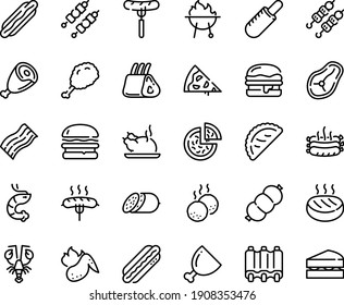 Food Line Icon Set - Pizza Piece, Hot Dog, Burger, Sausage On Fork, Fried Chiken Leg, French, Chinese Chicken, Shrimp, Kebab, Lobster, Calsone, Salami, Ham, Roasted Sausages, Cutlet, Steak, Ribs