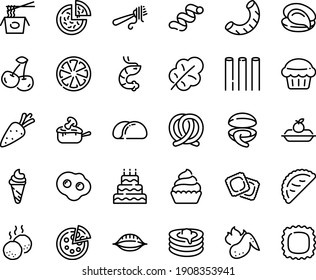 Food line icon set - pizza, ice cream, chinese pasta, clam, oyster, shrimp, calsone, fork with, ravioli, pretzel, charlotte cake, cupcake, julienne, pancakes, meatballs, hot chicken wing, omelette
