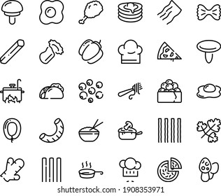 Food line icon set - pizza piece, tacos, fried chiken leg, rice bowl, gunkan, chef hat, fork with pasta, sausage, julienne, pancakes, pan, cooking, omelette, bell pepper, ginger, black, parsley