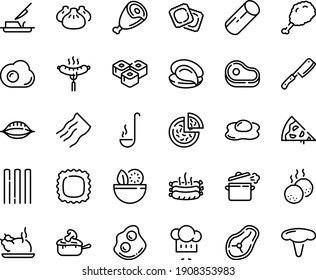 Food Line Icon Set - Pizza Piece, Salad, Meat, Fried Chiken Leg, Dim Sum, Oyster, Sushi Roll, Chinese Chicken, Chef Hat, Ravioli, Sausage On Fork, Ham, Omelette, Julienne, Butter Knife, Steak, Ladle