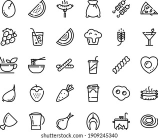 Food Line Icon Set - Pizza Piece, Spike, Drink To Go, Funchose, Kebab, Sausage On Fork, Coffee Pot, Ham, Roasted Sausages, Fish Steak, Cooking, Broaken Egg, Omelette, Love, Green Tea, Cocktail