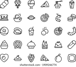 Food line icon set - pizza piece, cupcake, burito, octopus soup, chinese pasta, oyster, shrimp, lobster, panna cotta, pretzel, ketchup, donut, charlotte cake, ice cream, cocktail, sausage, meatballs