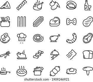 Food line icon set - pizza piece, oyster, chinese chicken, chef hat, fork with pasta, in pan, wine, hot dog, omelette, fried, dish dome, sausage, meat, cutlet, steak, leg, wing, cooking, bread