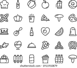 Food line icon set - pizza piece, dish dome, hot tea, gunkan, roll knife, pretzel, donut, ice cream, fish, ribs, chef hat, love egg, french press, champagne, wine bottle, bucket, pancake, bottles