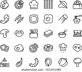 Food line icon set - pizza, rice bowl, dim sum, chinese pasta, gunkan, chef hat, dough and rolling pin, in pan, ravioli, omelette, sausage, kebab, kitchen, pancake, bell pepper, cardamon, ruote
