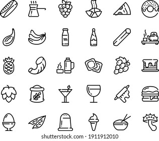 Food line icon set - pizza piece, donut, ice cream horn, rice bowl, tea ceremony, fortune cookie, ravioli, burger, wine glass, rolling pin, egg stand, turkish coffee, thermo flask, cocktail, pancake