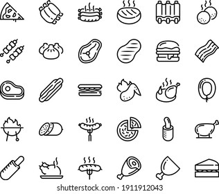 Food line icon set - pizza piece, meat, hot dog, sandwich, french, dim sum, chinese chicken, salami, sausage on fork, ham, burger, fried, ribs, kebab, roasted sausages, cutlet, steak, leg, sowbelly svg