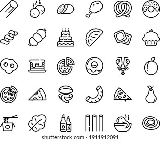 Food line icon set - pizza piece, cupcake, donut, fried chiken leg, octopus soup, chinese pasta, clam, lobster, calsone, salami, ravioli, pretzel, ketchup, sausage, meatballs, omelette, big cake