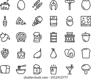 Food line icon set - pizza piece, cafe shop, sausage on fork, hot tea, funchose, kebab, ice cream, beer mug, pretzel, acorn, champagne, fish steak, chicken wing, stove top view, cooking, egg, bread