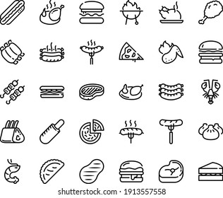 Food line icon set - pizza piece, burger, sandwich, sausage on fork, fried chiken leg, french hot dog, dim sum, chinese chicken, shrimp, kebab, lobster, calsone, sausages, steak, meat, ribs, roasted