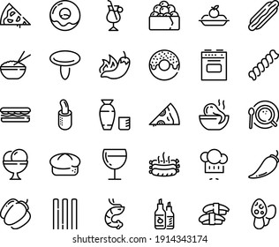 Food line icon set - pizza piece, hot dog, sandwich, pepper, donut, rice bowl, octopus soup, sashimi, shrimp, vodka, gunkan, chef hat, bread, ketchup, wine glass, charlotte cake, ice cream, french