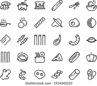 Food line icon set - pizza piece, octopus soup, oyster, sashimi, shrimp, dough and rolling pin, fork with pasta, in pan, kebab, meatballs, cooking, omelette, pancake, pumpkin, ginger, onion, penne