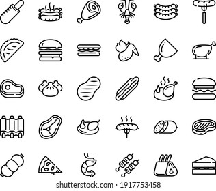 Food line icon set - pizza piece, burger, meat, hot dog, sandwich, sausage on fork, french, dim sum, shrimp, kebab, lobster, calsone, salami, sausages, steak, ham, fried chicken, roasted, leg, ribs