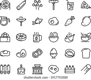 Food line icon set - pizza piece, salad, cafe shop, sausage on fork, oyster, gunkan, beer box, fried chicken, cheese plate, fish, ribs, egg stand, omelette, yolk, coffee pot, green tea, soda glass