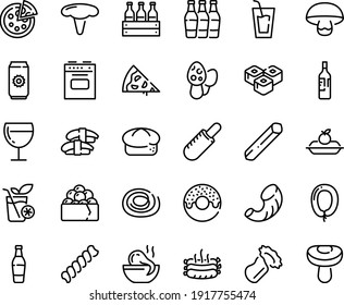 Food line icon set - pizza piece, drink, donut, french hot dog, octopus soup, sashimi, sushi roll, gunkan, bread, sausage, wine glass, charlotte cake, roasted sausages, stove, bottle, smoothies, box