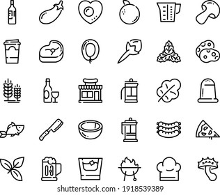 Food Line Icon Set - Pizza Piece, Cafe Shop, Fish, Basil, Wine, Sausages, Spike, Sausage, French Press, Meat, Bbq, Chef Hat, Knife, Beaker, Love Egg, Beer Mug, Bottle, Coffee Paper Cup, Whiskey