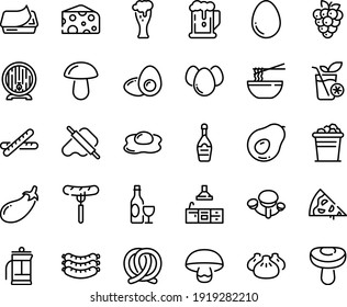 Food line icon set - pizza piece, beer, sausage on fork, dim sum, funchose, dough and rolling pin, cheese, wine, sausages, pretzel, barrel, pate can, glass, champagne, kitchen, egg, eggs, omelette