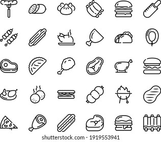 Food line icon set - pizza piece, burger, meat, hot dog, sandwich, tacos, sausage on fork, fried chiken leg, french, dim sum, chinese chicken, calsone, salami, ham, ribs, kebab, steak, meatballs