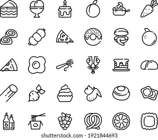 Food line icon set - pizza piece, donut, chinese pasta, clam, lobster, fork with, ravioli, pretzel, ketchup, ice cream, bakery, cupcake, julienne, sausage, hot chicken wing, omelette, cake, pancake