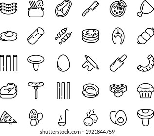 Food line icon set - pizza piece, sausage on fork, french hot dog, oyster, sushi roll, pasta in pan, sausages, pancakes, ham, meat, kebab, fish steak, meatballs, ladle, chef knife, egg, eggs yolk