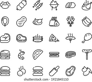 Juego de iconos de la línea de alimentos - pizza, hamburguesa, carne, sándwich, salchicha en el tenedor, pierna de chiken frita, perrito francés, dim sum, gambas, langosta, calsona, salami, filete, pollo, costillas, kebab, salchichas asadas