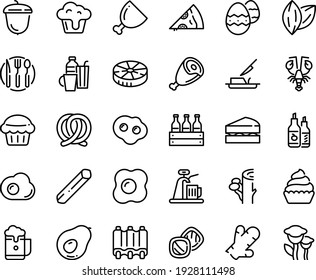 Food line icon set - pizza piece, lobster, ham, pretzel, ketchup, acorn, cupcake, butter knife, ribs, fork spoon plate, omelette, easter egg, drinks, sanwich, muffin, cookies, beer box, foam, tap