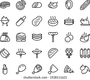 Food line icon set - pizza piece, hot dog, sausage on fork, fried chiken leg, french, chinese chicken, lobster, calsone, salami, sausages, steak, ham, burger, ribs, roasted, cutlet, meatballs, bbq svg