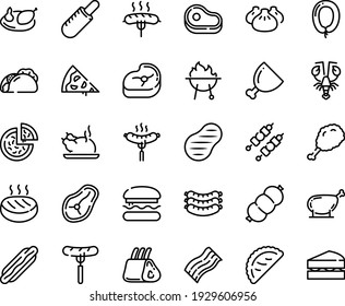 Food line icon set - pizza piece, burger, meat, hot dog, tacos, sausage on fork, fried chiken leg, french, dim sum, chinese chicken, lobster, calsone, sausages, ham, kebab, cutlet, steak, ribs, bbq