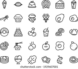 Food line icon set - pizza, burito, donut, ice cream, chinese pasta, clam, shrimp, lobster, fork with, panna cotta, ravioli, pretzel, cocktail, meringue, bakery, pancakes, meatballs, omelette, piece