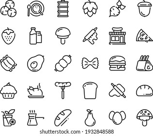 Food line icon set - pizza piece, cupcake, cafe shop, sausage on fork, chinese chicken, dough and rolling pin, burger, acorn, coffee top view, milk bootle pack, ribs, eggs, turkish, smoothies, bread