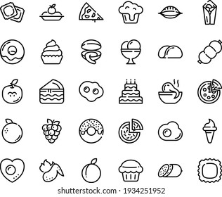 Food line icon set - pizza piece, burito, donut, ice cream horn, octopus soup, clam, salami, ravioli, charlotte cake, cupcake, sausage, hot chicken wing, omelette, love egg, big, muffin, tacos bread