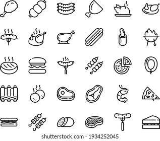 Food Line Icon Set - Pizza Piece, Burger, Meat, Sandwich, Sausage On Fork, Fried Chiken Leg, Chinese Chicken, Shrimp, Kebab, Salami, Sausages, Hot Dog, Steak, French, Ham, Cutlet, Meatballs, Bbq
