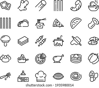 Food line icon set - pizza piece, tacos, dim sum, octopus soup, chinese pasta, sashimi, dough and rolling pin, calsone, fork with, ravioli, julienne, pancakes, kebab, chicken leg, chef hat, kitchen