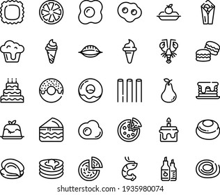 Food line icon set - pizza, burito, donut, ice cream horn, oyster, shrimp, lobster, panna cotta, ketchup, charlotte cake, pancakes, omelette, cupcake, big, pancake, macarons, piece, cheesecake, pear